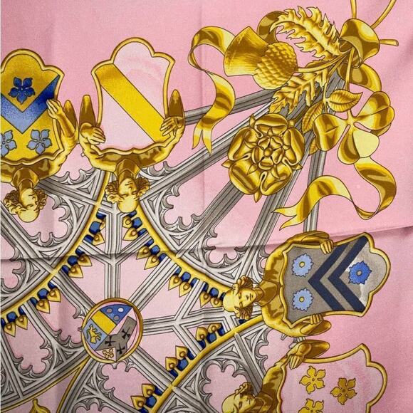 Hermes British Heraldry Coat Of Arms Pink Gold Blue 100% Silk Scarf 90cm Square - Picture 9 of 16